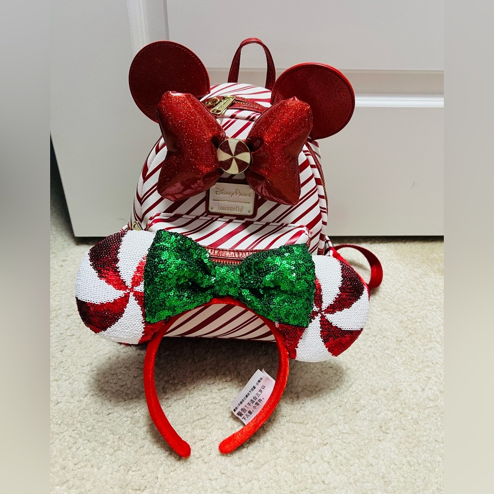 Disney Loungefly Peppermint Candy Cane Backpack and Ears Limited Edition Rare
